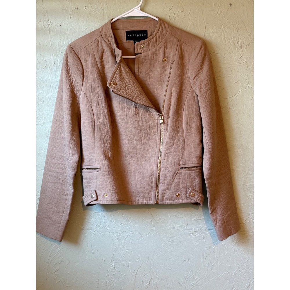 Metaphor Womens Tan Textured Moto Jacket Asymmetrical Zip‎ Gold Hardware Size M